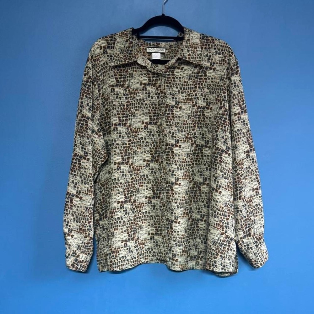 Vintage 90s Snake Print Blouse Women's Plus Size 22 Brown Blue Notations Collar
